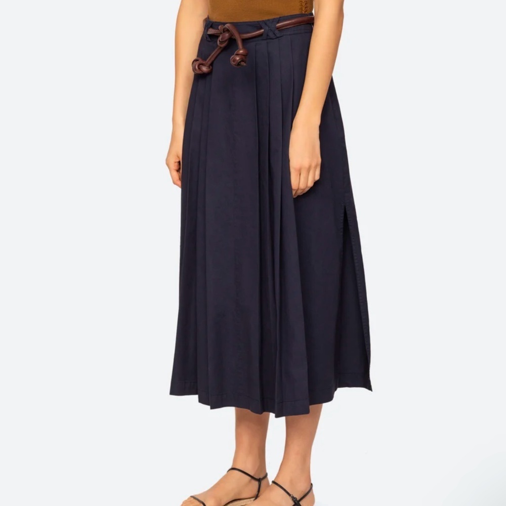 NWOT Vintage Midi Skirt Drop waist Navy blue flowy Fluid Pleated Tie-front bow S